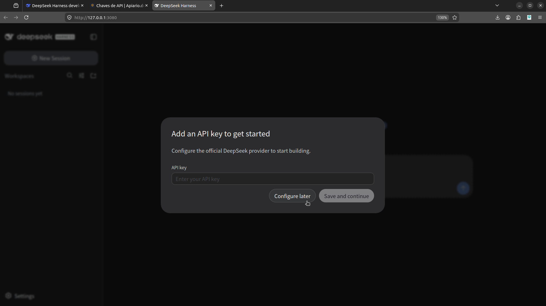 Modal inicial do DeepSeek Harness com a opção Configure later destacada