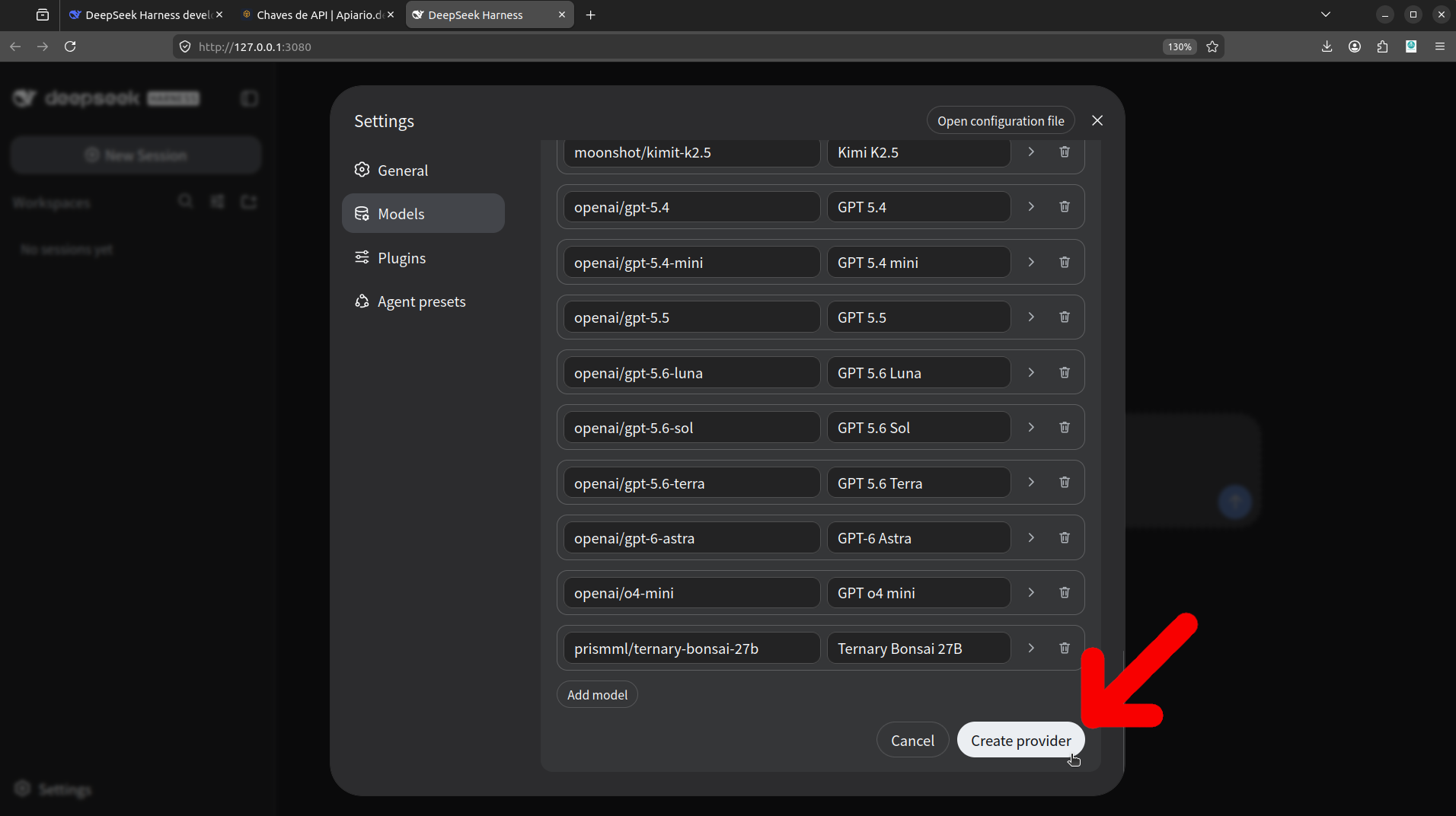 Lista de providers com o Apiário Dev criado e seus modelos disponíveis