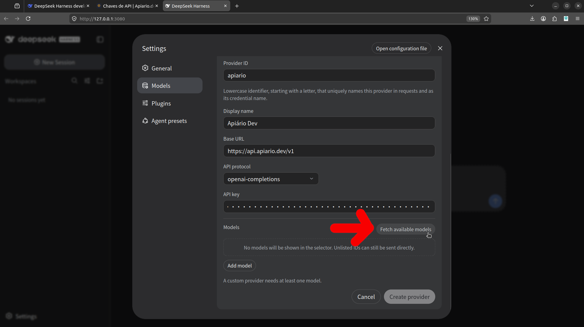 Lista de modelos retornada pelo Fetch available models a partir da API do Apiário Dev