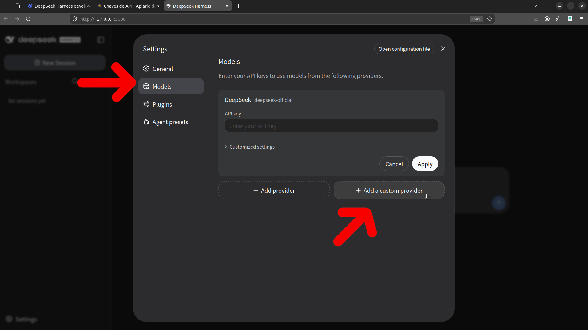 Aba Models com o botão Add a custom provider em destaque