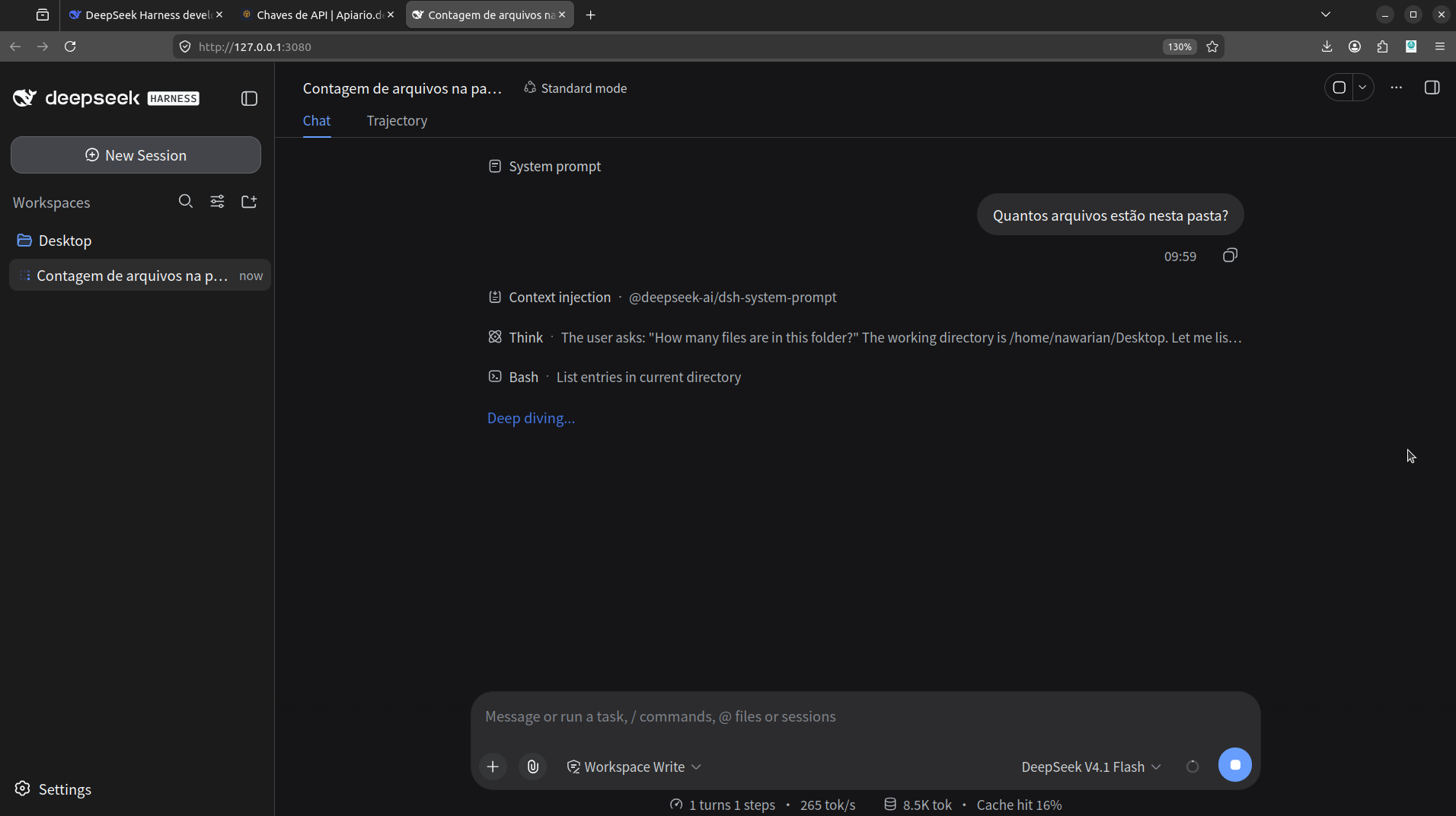 Chat do DeepSeek Harness executando uma listagem de arquivos via tool de shell a partir do prompt