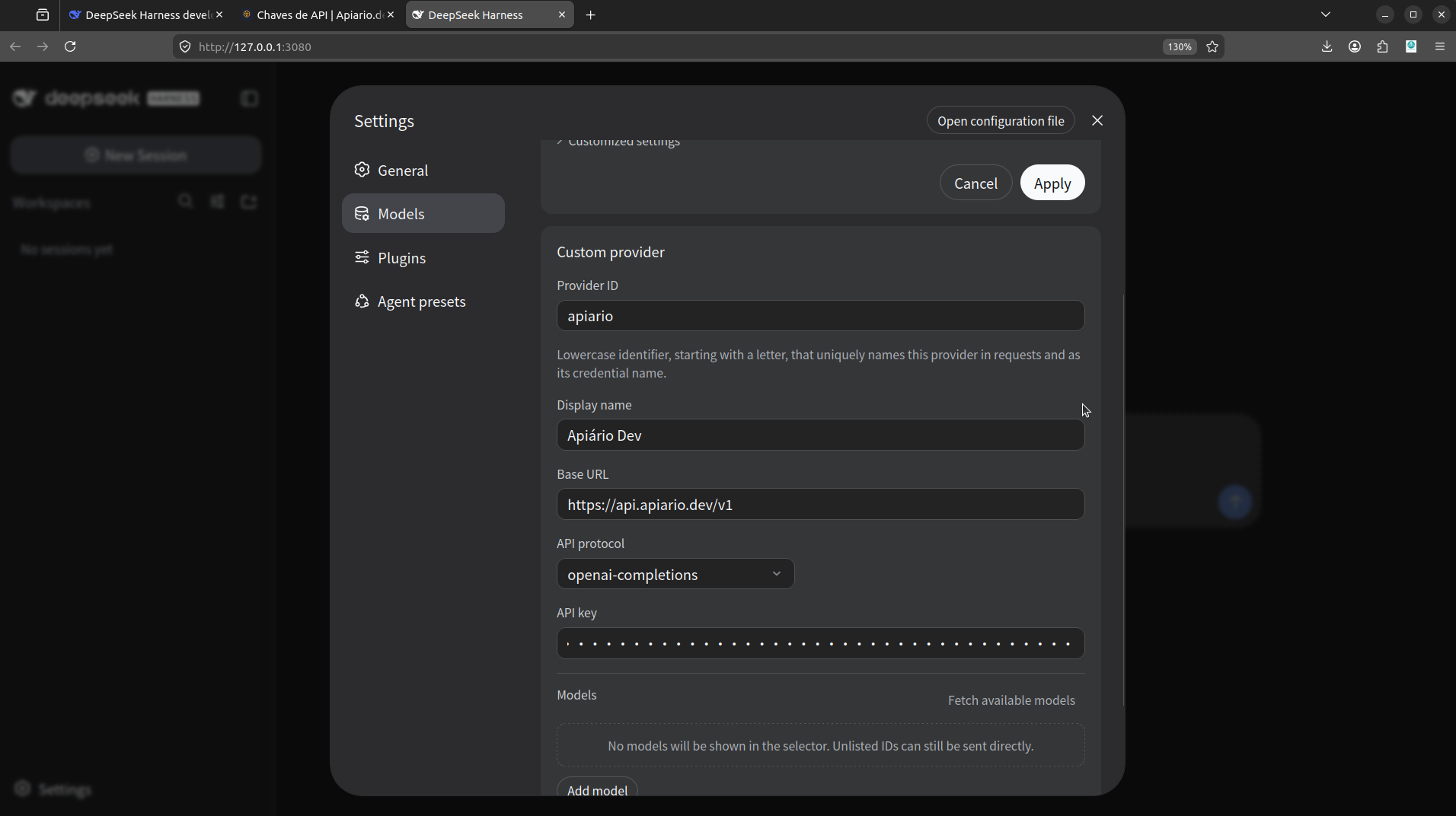Formulário de custom provider preenchido com Provider ID apiario, Base URL da API do Apiário Dev e API key