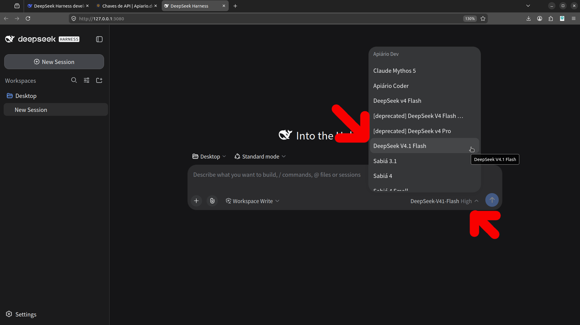 Seletor de modelo do chat com o DeepSeek V4.1 Flash selecionado