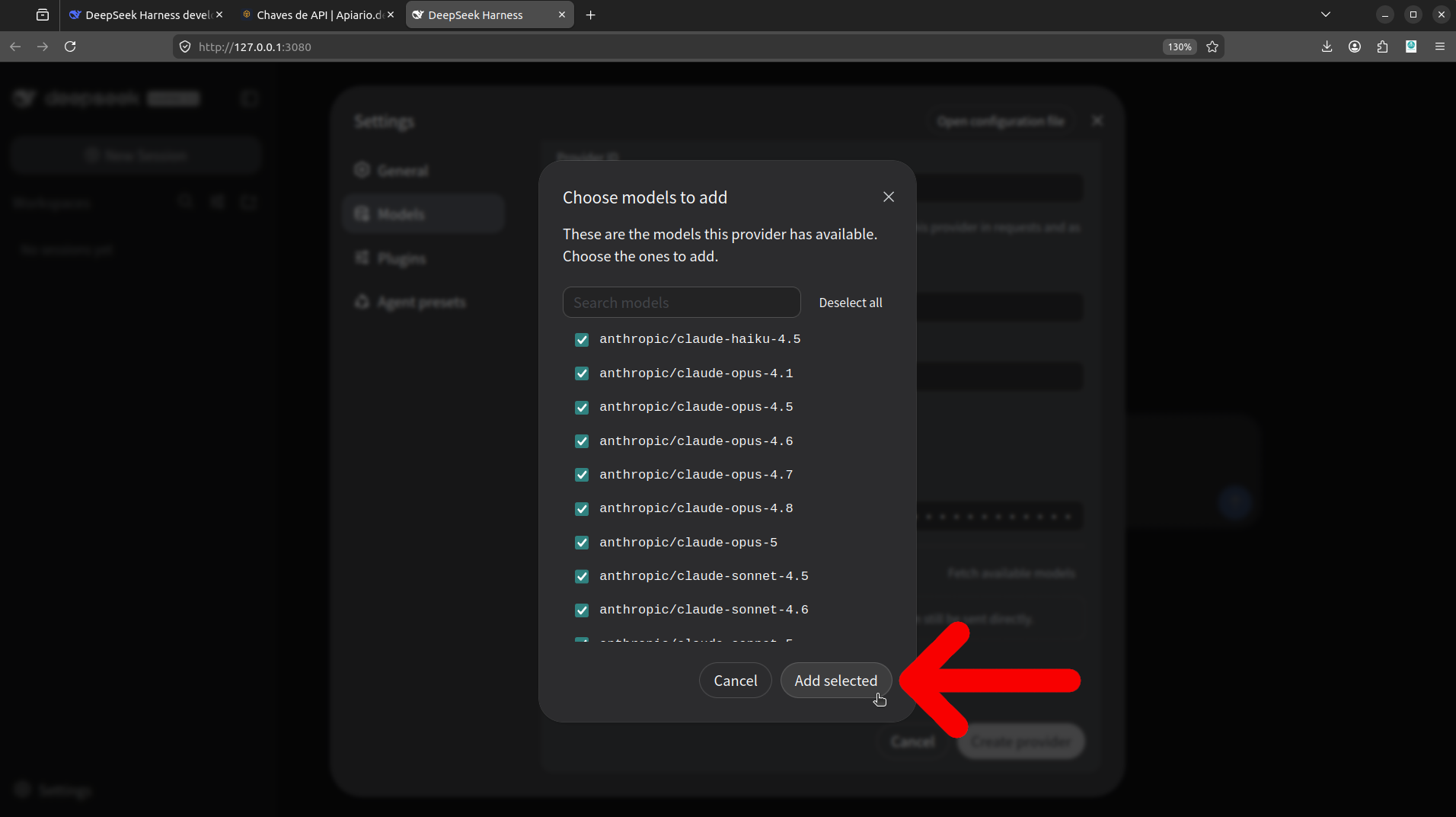 Modal de seleção com modelos marcados antes de confirmar em Add selected