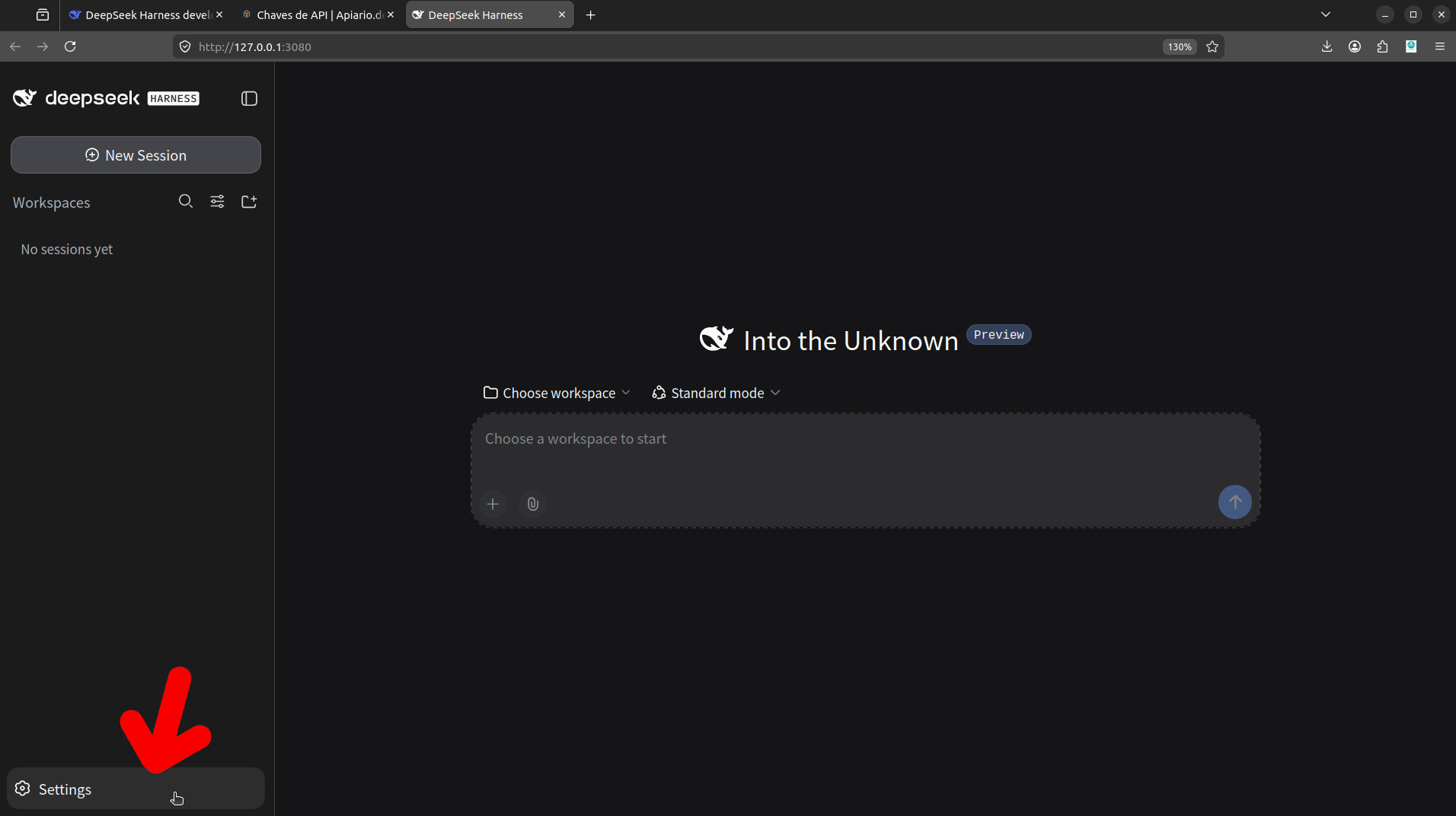 Tela de Settings do DeepSeek Harness com a aba Models selecionada
