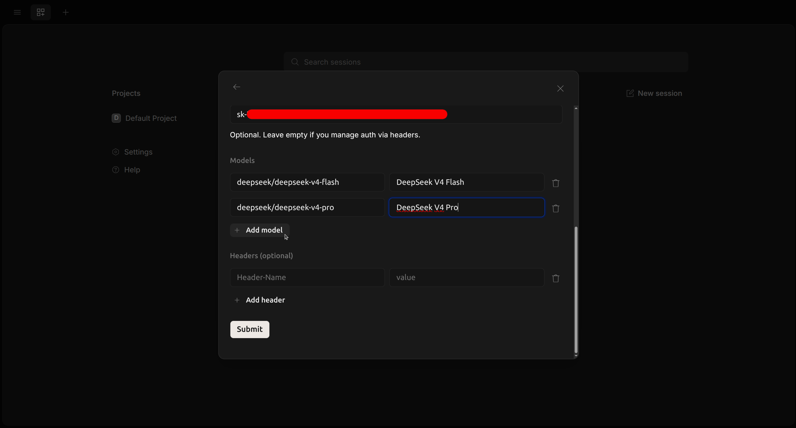 Criação dos modelos DeepSeek v4 Flash e v4 Pro no OpenCode, com o Model ID à esquerda e o display name à direita