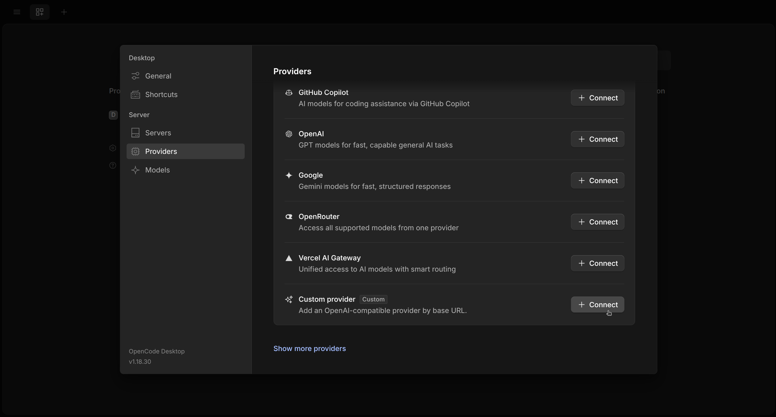 Tela de Providers do OpenCode com o cursor no botão Connect do provider customizado