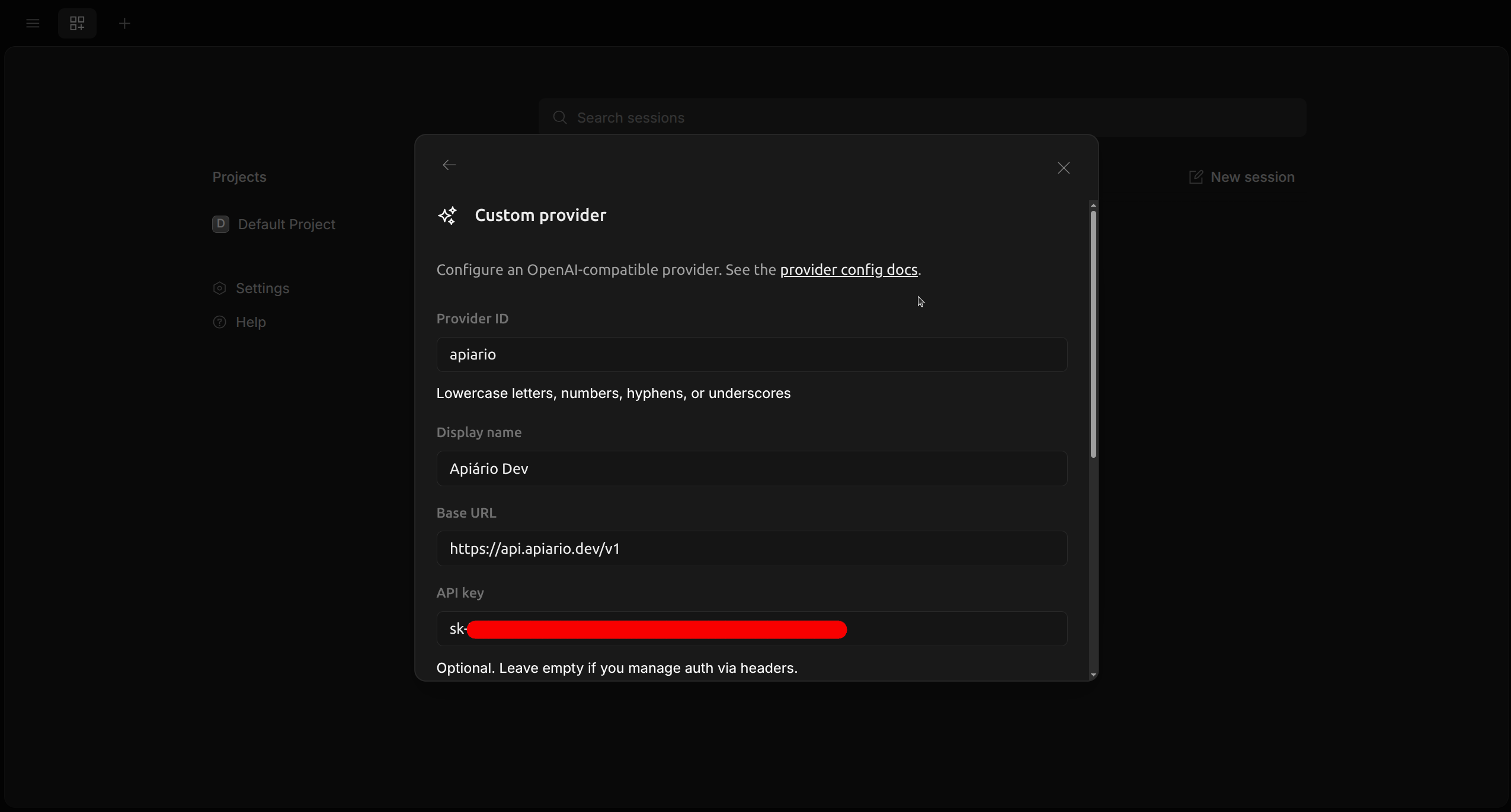 Formulário do provider customizado com foco nos campos Base URL e API Key