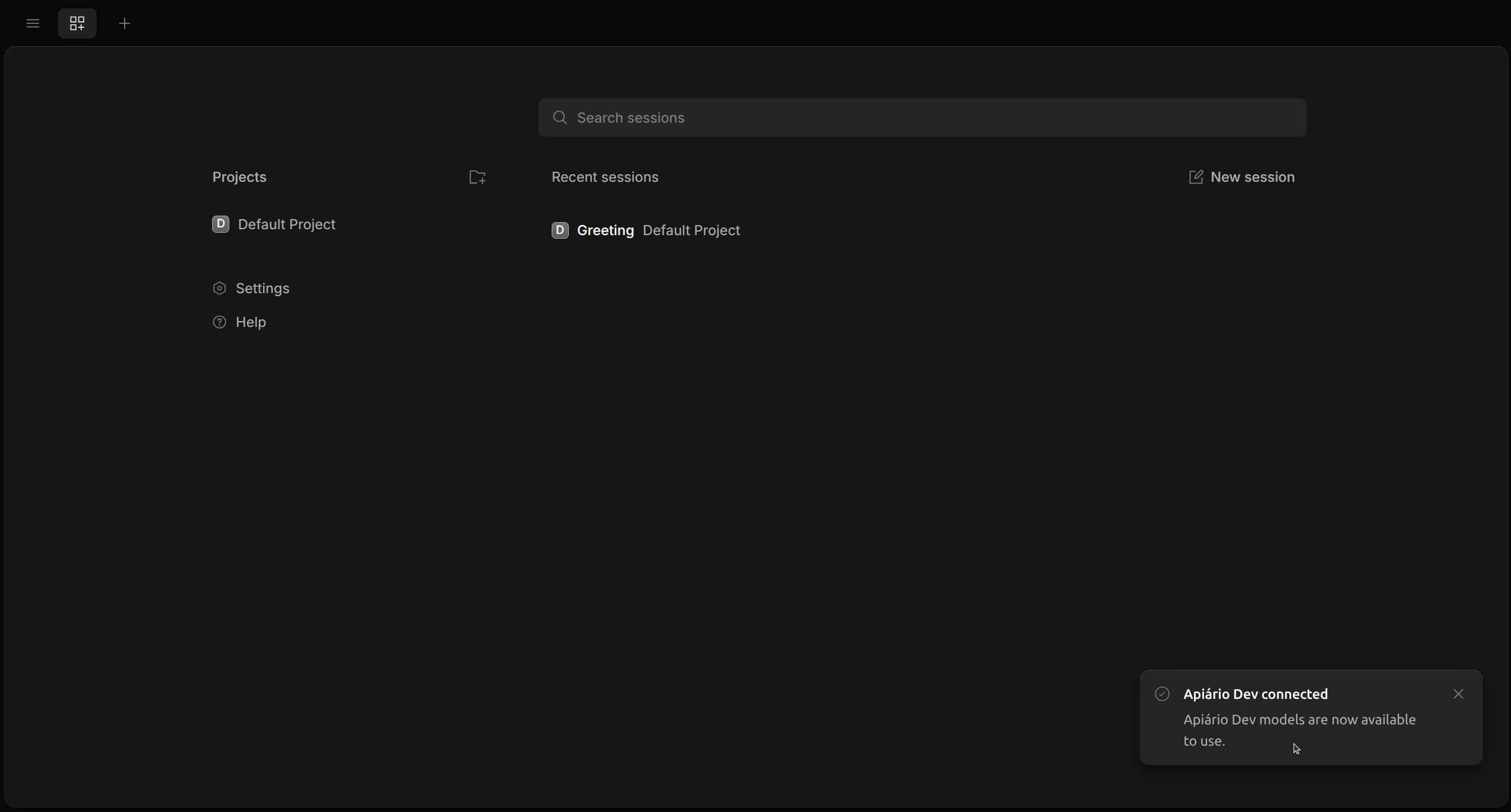 Notificação de sucesso informando que o provider do Apiário Dev foi conectado