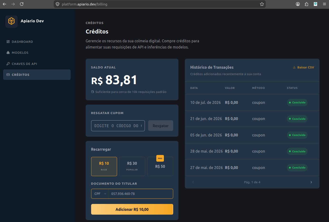 Página de recarga no painel com opção de R$ 10 via PIX e cartão