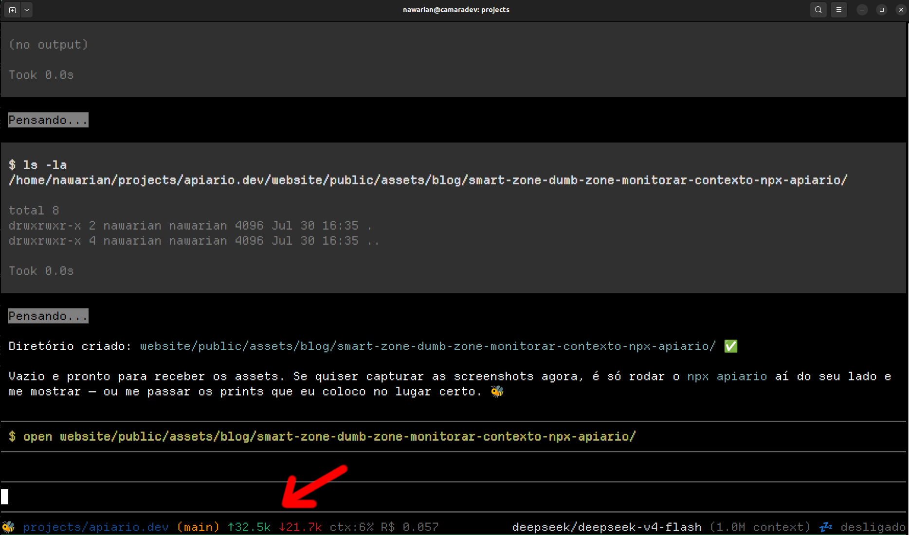 TUI do npx apiario mostrando a status line na parte inferior: "↑32.5k ↓21.7k ctx:6% R$ 0.057" indicando tokens de entrada, tokens de saída, porcentagem do contexto preenchida e custo acumulado.